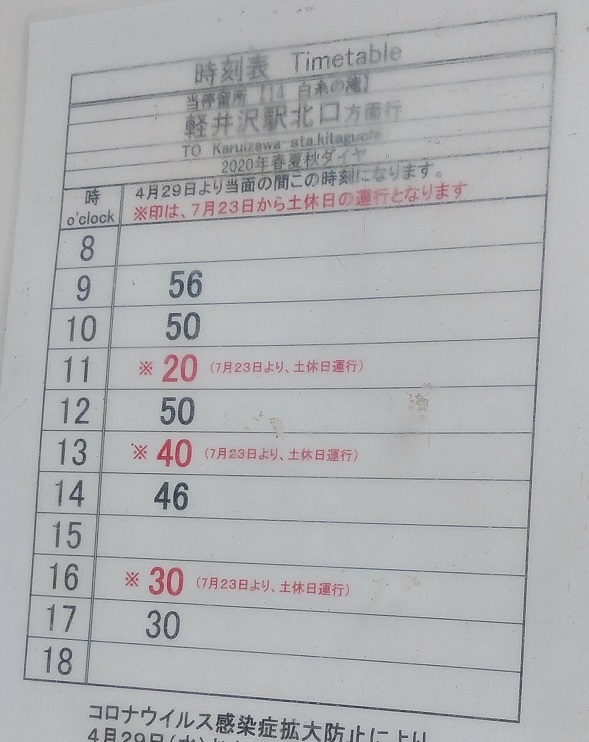 白糸の滝バス停軽井沢駅行きのバス時刻表